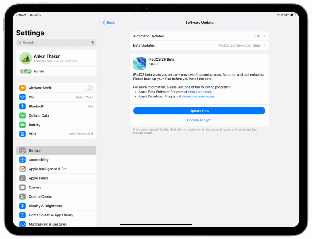 تحميل و تثبيت iPadOS 26 على جهاز iPad
